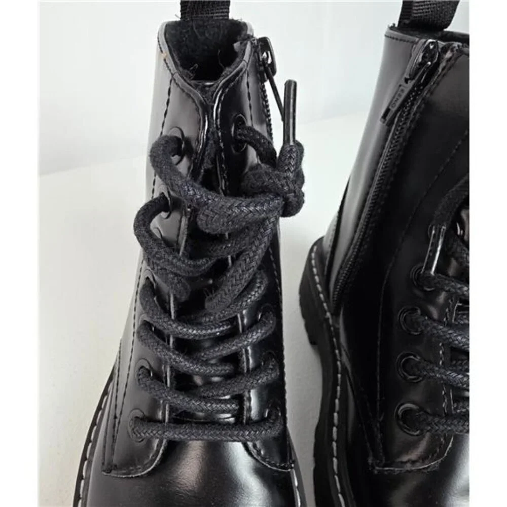 H&M Girls Black Patent Faux Leather Combat Boots Furry Lined Lace Up Zip US 12